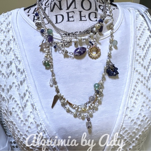 Maximalist fluorite Lapis Lazuli  layered charms boho beaded necklace - Picture 4 of 8